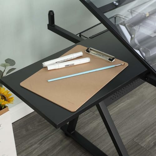 Zentrava Black Drafting Table Desk w/Stool, Multifunctional Diamond Painting Art Craft Desk Crafting Tables with Tilting Tempered Glass Top & 2 Large Metal Storage Drawers, Adjustable Angles (Black)