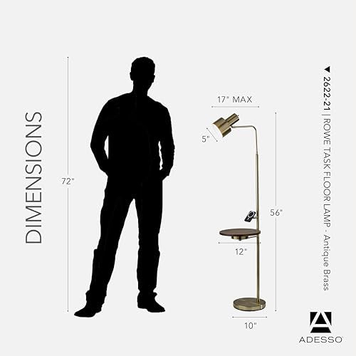 Adesso Floor Lamp with Table, Antique Brass & Wood, Wireless Charging, 56”