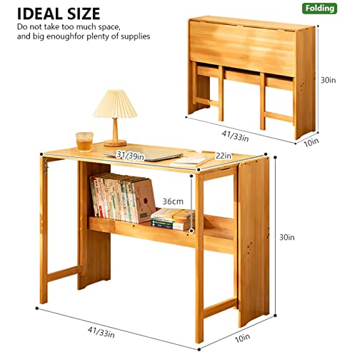 ALEEIK Modern Folding Computer Desk, Walnut Bamboo, 31 Inch, Space Saving, 1 Shelf