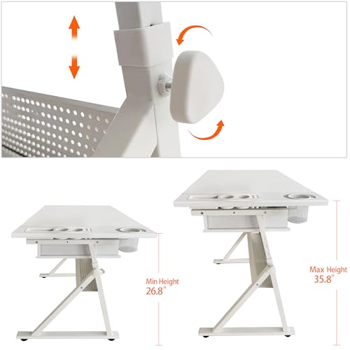WZONICE98 Adjustable Drafting Table with Stool & 2 Drawers, Height Adjustable Tilting Art Desk, White Drawing Desk with Storage for Home Office, School, Painting, All White
