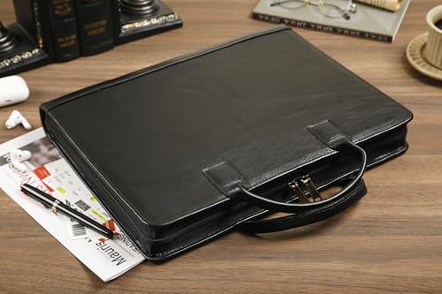 Leather Portfolio Binder with Clipboard, Letter Size Notepad Padfolio with Handle, Work Portfolio Organizer for Men, Oil Black, Non-Custom