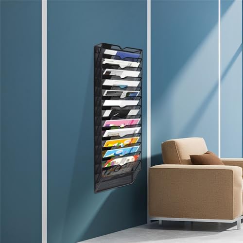File Organizer Metal Mail Organizer Display Shelves A4 Wall Pocket File Holder 12 Tiers Magazine Storage Rack Desk(Black)