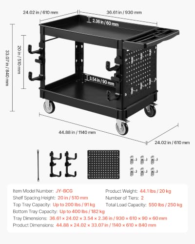 VEVOR Utility Cart with Tray & Pegboard, 44.8 x 24in 2 Tier Service Cart with 360° Swivel & Fixed Wheels (2 Brakes), 550 LBS Work Cart Tub Storage W/Deep Shelves, Tool Storage for Garage Warehouse