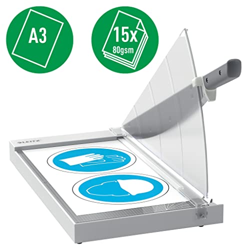Leitz Precision Office Paper Cutter A3, Guillotine, Cuts 15 Sheets, 457mm Cut Length, Precision Steel Blade, Premium Glass Base, Alignment Guide with Edge Glow & Blade Guard, 90220000