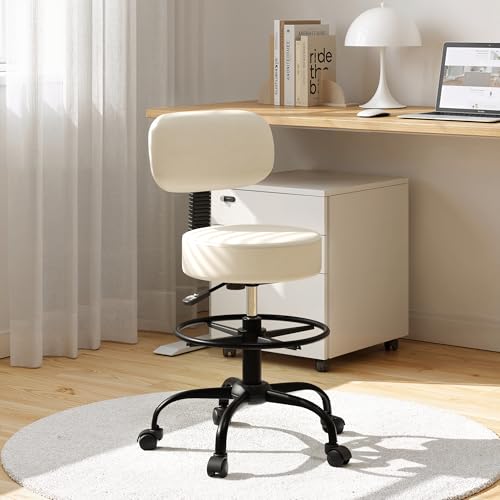 Anunweldo Drafting Chair with Back Support, Adjustable Foot Rest Rolling Stool, 360° Swivel Office Desk Chair with Wheels, Thick Seat Cushion for Home Bar Salon Tattoo Shop (2, White)