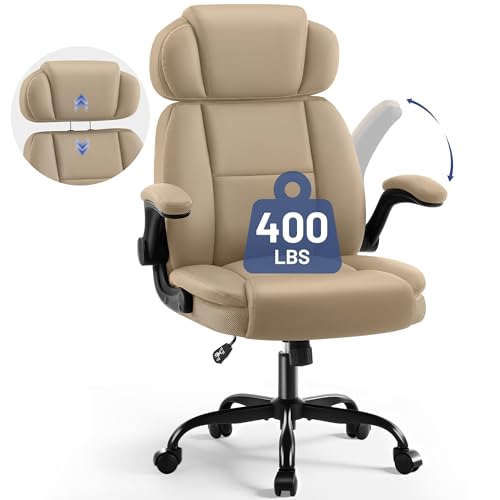 AreShark Ergonomic Office Chair with Lumbar Support, 400lbs Heavy Duty Big and Tall Executive Desk Chair, PU Leather High Back Computer Chair with Flip-Up Arms & Adjustable Headrest, Khaki