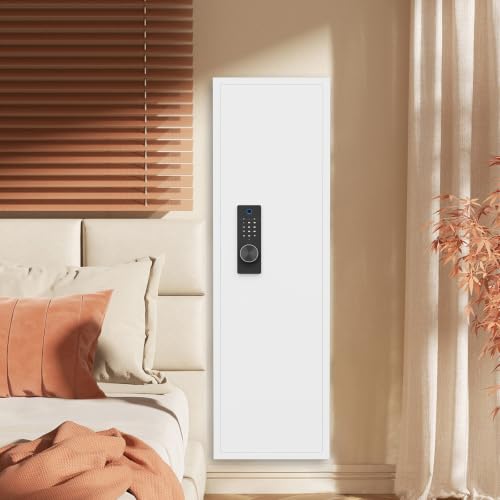 53 Inch Fingerprint In‑Wall Safe, Hidden Wall Gun Safe for Rifles, Heavy‑Duty Steel Wall‑Mounted Safe with Adjustable Shelves, Security Storage Cabinet for Firearms and Valuables, White