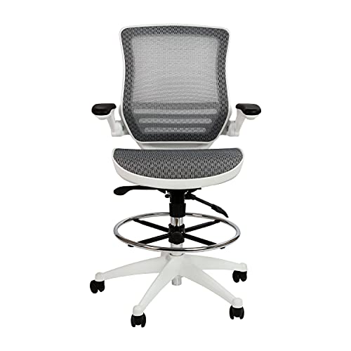 BizChair Mid-Back Transparent Gray Mesh Drafting Chair with White Frame and Flip-Up Arms