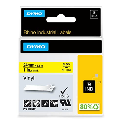 DYMO Rhino Industrial Vinyl Labels, 24 mm x 5.5 m, Black Print on Yellow, Self-Adhesive, for DYMO LabelManager & Rhino Label Makers
