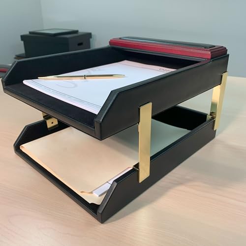 Dacasso Mahogany/Rosewood & Black Leather Double Letter Tray Set w/Gold Stacking Posts - Luxury Executive Decor and Office Essential - Desk Surface Protector