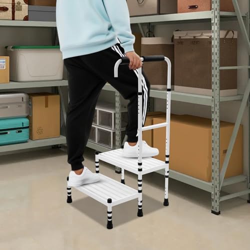 Step Stool with Handle, Adult Ramp with Handrail 21″L 2 Steps White, Metal Stepping Stool for Seniors