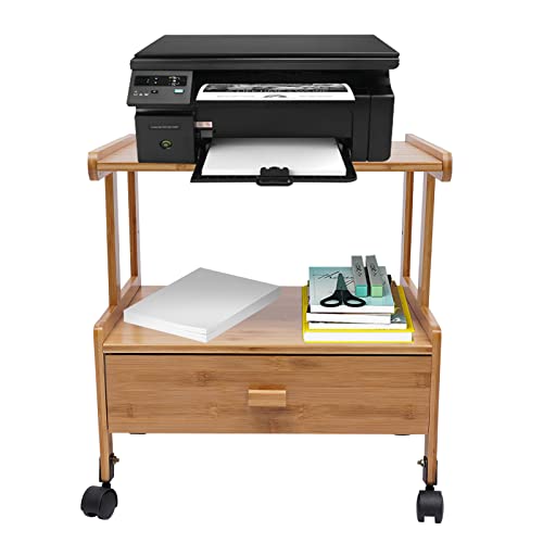 FALUSHAN Wood File Cabinet, Mobile Lateral Filing Cabinet on Wheels Printer Stand with Open Storage Shelves for Home Office (Two Layers with Drawers)
