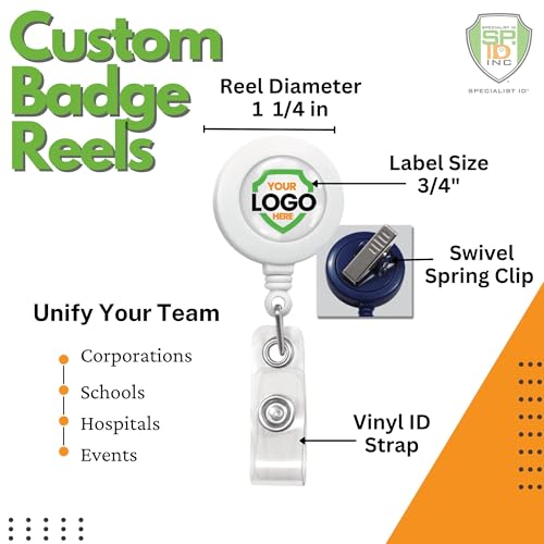 Bulk 100 Pack - Custom Badge Reels with Alligator Clip - Premium Customized Dome Label Retractable I'd Holder for Medical/Hospital Staff, Company Logo, Office and More by Specialist ID (White)