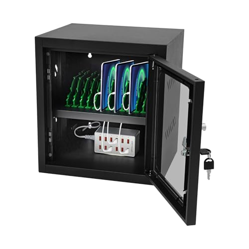 12/20-Unit Charging Cabinet for Laptops & Tablets, Locking Laptop Storage Charging Box, Cell Phone Charging Station for iPad, Tablets for Schools & Offices, Visible Window (Black, 12-Unit)