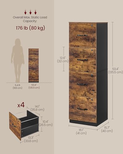 VASAGLE 4 Drawer File Cabinet with Locks, for A4, Letter Sized Documents
