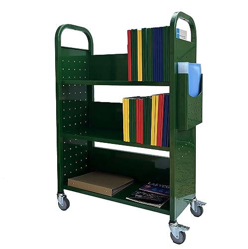Workington Rolling Book Truck Book Cart with 3 Flat Shelves, Library Book Cart with Swivel Lockable Casters 3001 Green