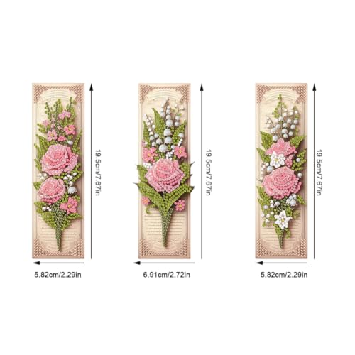 3Pcs Special Shape Rose Bouquet Diamond Art Bookmark for Book Lovers (A)