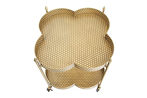 Creative Co-Op Vintage Clover-Shaped 2-Tier Hammered Metal Bar Cart with Wheels, Brass Finish