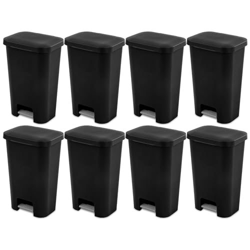 Sterilite Rectangular Step On Kitchen Wastebasket, 11.9 Gal, Black, 8-Pack