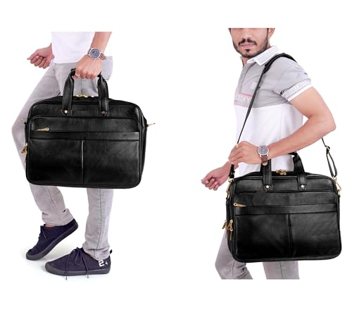 Da leather villa Full Grain Leather Briefcase for Men Top Choice Gifts Laptop Bag Multiple 16'' Compartments Brass Hardware (Black)