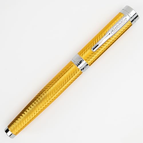 Conklin Herringbone Signature Rollerball Pen - Yellow with Chrome Trim, Stylish Engraved Design, Smooth Writing, Refillable, Ideal Gift for Writing Enthusiasts and Executives