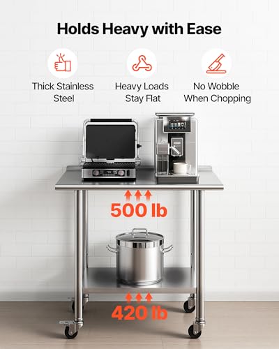 VEVOR Stainless Steel Work Table, 24x36 inch Food Prep Table with Wheels and Backsplash, Commercial Kitchen Workstation with Adjustable Undershelf, Metal Utility Worktable, for Restaurant Home Outdoor