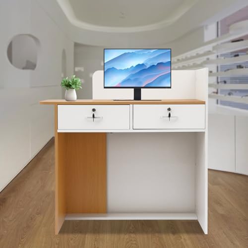 Reception Desk with LED Light,Modern Front Desk Reception Room Table,39.37 inch Small Retail Counter with Lockable Drawer for Lobby, Salon,Retail Stores (Warm White+Wood Color, 39.37*17.72*39.37in)