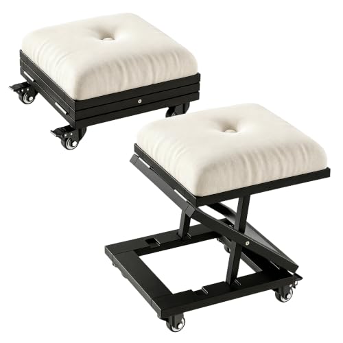 VECELO Foot Rest Under Desk at Work, Height Adjustable Rolling Foot Stool Set of 2 with Wheels, Cushioned Seat for Living Room, Bedroom, Home Office, Beige