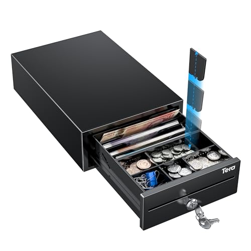 Tera 8" Mini Cash Drawer Register: 208 x 298 x 98 mm 4 Bill 6 Coin Tray with 2 Extra Dividers Auto Open 12V RJ12 Media Slot Point of Sale POS System with 2 Keys Cash Register for Small Business 208