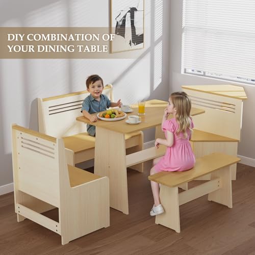 KYLE & KAY Breakfast Nook, Kitchen Nook Corner Table Set with USB, Bench and Storage Shelf, Dining Room Table and Chairs for 4-6, Solid Wood (White and Natural)