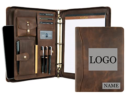 DUKE&COW Leather Portfolio with 3 Ring Binder, Personalized Binder Padfolio Executive Folio Zippered, Engraved Folder Organizer, Custom Gift for Men Women （Dark Khaki, Custom）