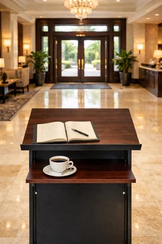 Audio-Visual Direct Wheeled Lectern Podium - Standing Desk with Storage Shelf - Cherry/Black - Ideal for Presentations and Laptop Use