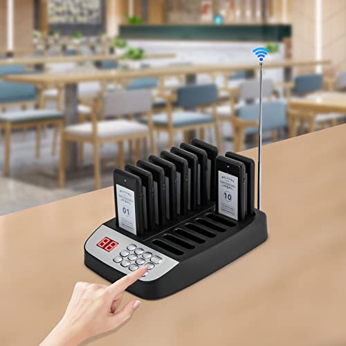Restaurant Pager System, Wireless Customer Service Calling System with 10 Pagers, 2625ft Range Buzzer for Cafes, Food Trucks, Hospitals, Vibration Flash Beep Alert