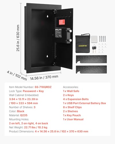 VEVOR 25.6" High Wall Safe, 3-Tier Hidden Wall Mounted Safe with Password & Key, Q235 Cold-Rolled Steel In-Wall Box with LED Lighting, 2 Adjustable Shelves & 5 Key Holders, Black