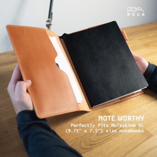 ROVA Full Grain Leather Notebook Journal Cover - Hand Crafted in the USA - Fits Moleskine XL (9.75" x 7.5") - Lay Flat Design with Pen Loop - Whiskey