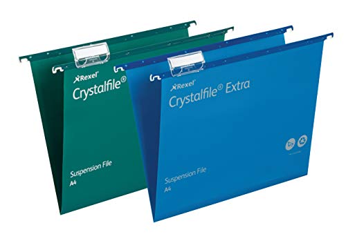 Rexel A4 Heavy Duty Suspension Files with Tabs and Inserts for Filing Cabinets, 15 mm V Base, Polypropylene, Blue, Crystalfile Extra, Pack of 25, 70636