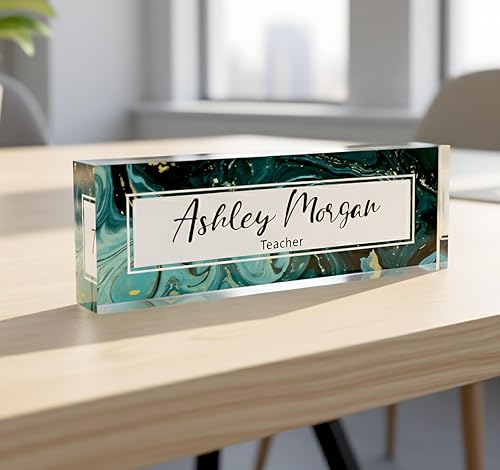 ARTSWAVE - Clear Acrylic Green Marble Design Block Nameplate for Teacher, Boss, Principal, Nurse, Office Decor, Door or Wall Display - 8"x2.5"