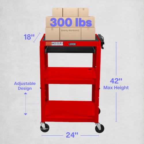 LUXOR UCMT1KB-RD Adjustable-Height Steel Utility Cart - Pullout Keyboard Tray, Red