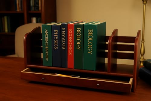Proman Products Renaissance Desktop Red Wood Book Rack Adjustable with Drawer, 24" W x 8" D x 12" H, Reddish Walnut