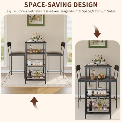 OUTLANE 3 Piece Counter Height Table Set for 2, Slim Kitchen Bar Table with 3-Tier Storage Rack and 2 Upholstered High-Back Stools, Compact Dining Furniture for Apartment, Condo, Small Dining Area