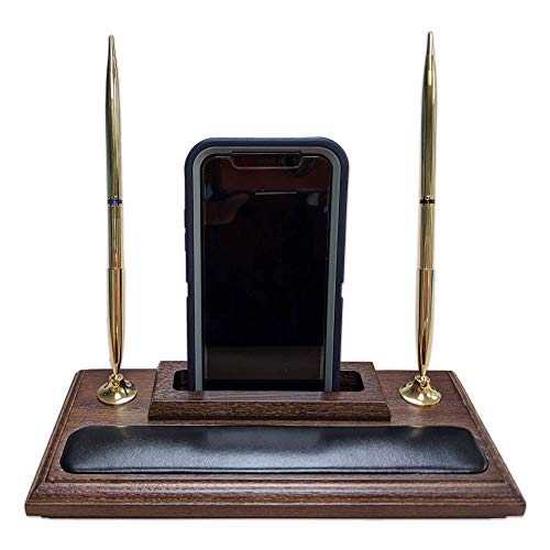 Walnut and Leather Pen Stand with Cell Phone Holder