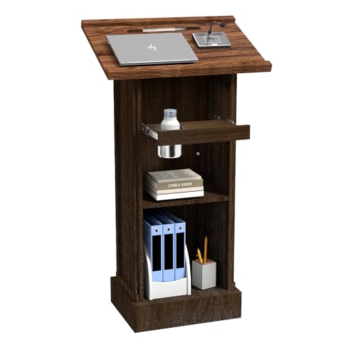 Zevemomo Wooden Podium Stand with Storage, Cup Holder, Brown