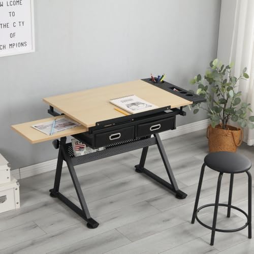 NestLude Adjustable Drafting Table with Stool, Tilting Art Desk with Storage Drawers for Home Office, Reading, Writing, Crafting. Perfect for Artists and Hobbyists (White Oak)