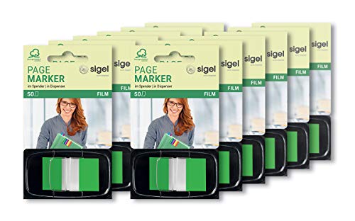 SIGEL HN493 Index Page Marker, Film, Strip-Size:25x43 mm, 50 Strips, Green (Pack of 12)