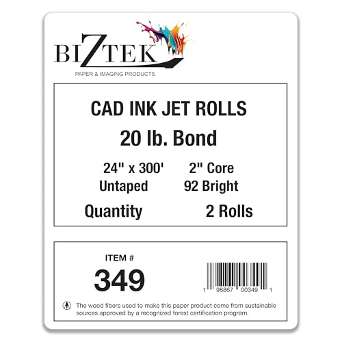 BIZTEK Wide Format Paper 24" x 300' CAD Bond Rolls (20lb | 2 Rolls, 24 In x 300 Ft | 2" Core)