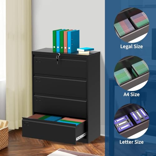 FinerFurnis Heavy Duty 4-Drawer Lateral File Cabinet with Lock, 52" Height Metal Office Filing Storage Organizer, Fits Letter, Legal, A4, F4 Documents, Lockable, Easy Assembly, Black
