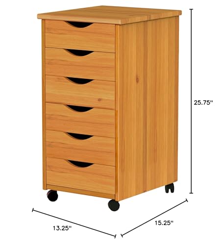 Adeptus Original Roll Cart, Solid Wood, 6 Drawer Narrow Drawers Roll Carts, Medium Pine