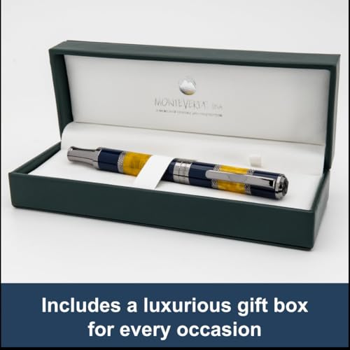 Monteverde USA Regatta Sport Fountain Pen in Blue/Yellow and Carbon Fiber - Medium Nib, Luxury Refillable Pen with Gunmetal Accents, Premium Gift