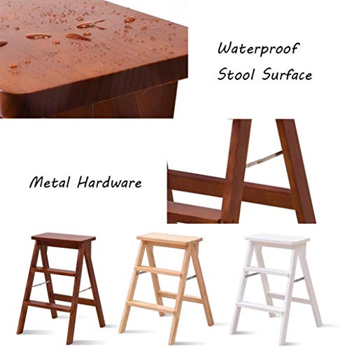 ZBSAVFM 3 Steps Wooden Ladder Stool Portable Folding Step Stool Kitchen Office Stair Chair Safety Stepladder Seats (White)