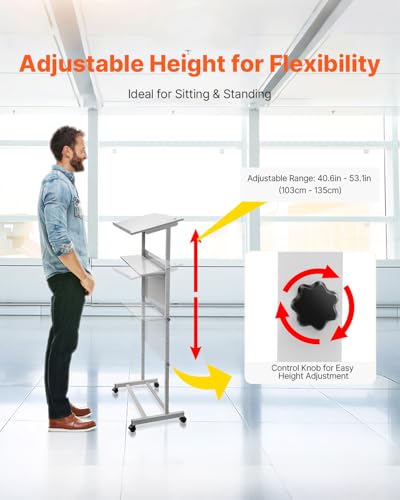 VEVOR Portable Floor Lectern, Height Adjustable, Wheeled Lectern with Dual-Layer Storage Shelf, Teacher Speaker Standing Desk, Podium Stand Classroom Presentation Stand for Speech, Church
